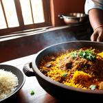 **

"A vibrant and bustling kitchen scene depicting the preparation of Biryani. Focus on a woman, fully clothed in a modest shalwar kameez, carefully layering rice, meat, and spices in a traditional handi (clay pot). The kitchen is filled with colorful spices and ingredients, with sunlight streaming in through a window. Safe for work, appropriate content, family-friendly, professional food photography, perfect anatomy, natural proportions, well-formed hands."

**