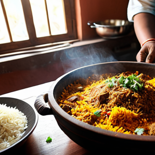 **

"A vibrant and bustling kitchen scene depicting the preparation of Biryani. Focus on a woman, fully clothed in a modest shalwar kameez, carefully layering rice, meat, and spices in a traditional handi (clay pot). The kitchen is filled with colorful spices and ingredients, with sunlight streaming in through a window. Safe for work, appropriate content, family-friendly, professional food photography, perfect anatomy, natural proportions, well-formed hands."

**