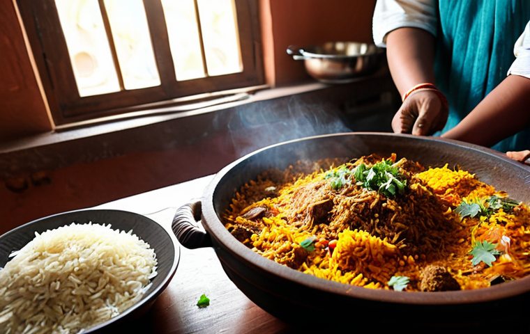 **
"A vibrant and bustling kitchen scene depicting the preparation of Biryani. Focus on a woman, fully clothed in a modest shalwar kameez, carefully layering rice, meat, and spices in a traditional handi (clay pot). The kitchen is filled with colorful spices and ingredients, with sunlight streaming in through a window. Safe for work, appropriate content, family-friendly, professional food photography, perfect anatomy, natural proportions, well-formed hands."
**