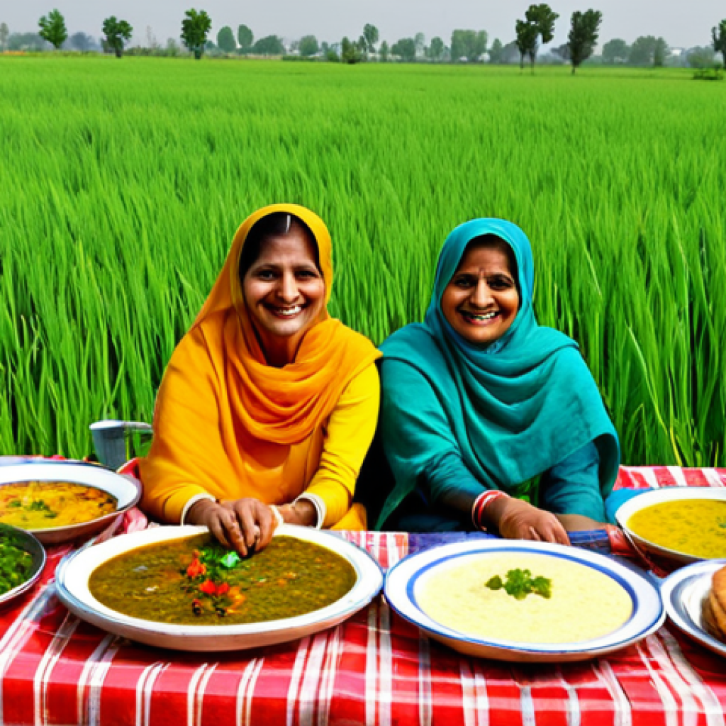 **Punjab Feast:** A professional photograph of a family-friendly Punjabi spread. Focus on vibrant colors of "sarson ka saag" and "makki di roti" on a traditional "charpai". Fully clothed individuals in modest Punjabi attire are smiling and enjoying the meal. Background features a lush green field. Safe for work, appropriate content, perfect anatomy, natural proportions, high quality.