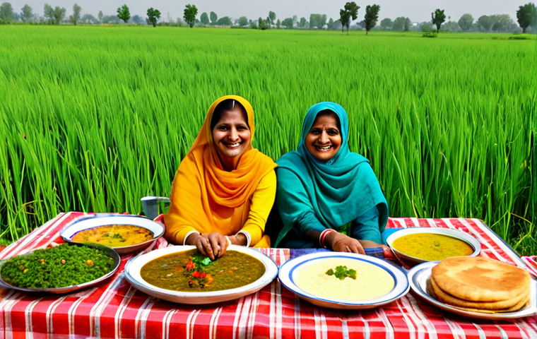 **Punjab Feast:** A professional photograph of a family-friendly Punjabi spread. Focus on vibrant colors of "sarson ka saag" and "makki di roti" on a traditional "charpai". Fully clothed individuals in modest Punjabi attire are smiling and enjoying the meal. Background features a lush green field. Safe for work, appropriate content, perfect anatomy, natural proportions, high quality.