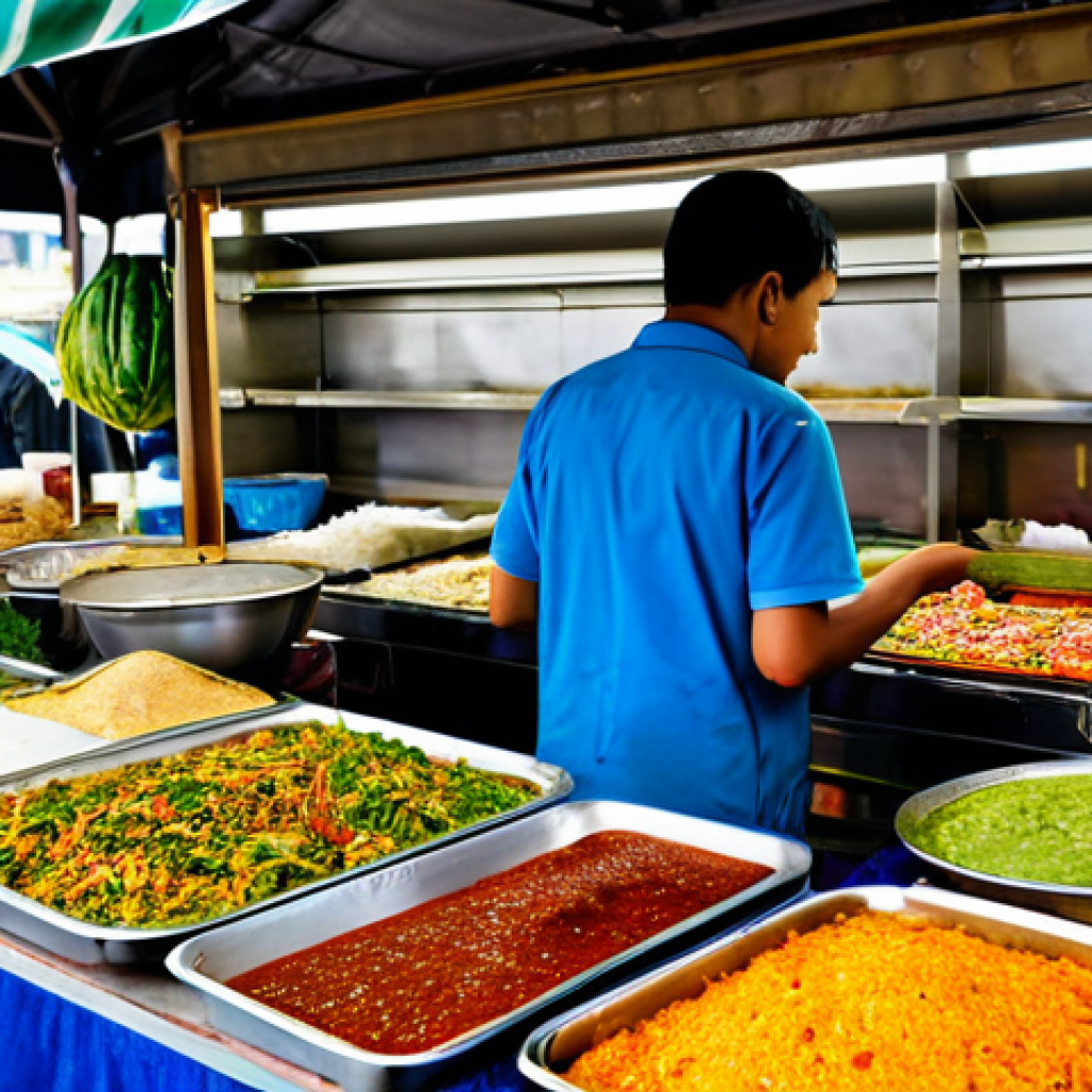 지역특산 음식의 효과적인 홍보 방법 - A Bustling Food Stall**
"A vibrant and colorful food stall in a busy marketplace, showcasing a vari...