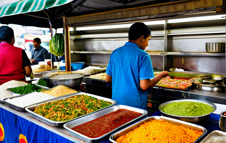 지역특산 음식의 효과적인 홍보 방법 - A Bustling Food Stall**
"A vibrant and colorful food stall in a busy marketplace, showcasing a vari...