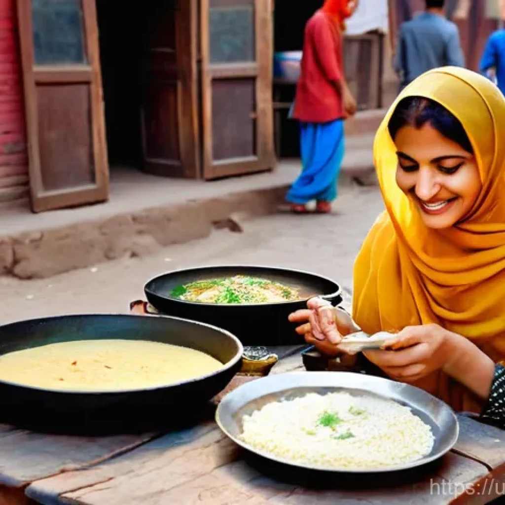지역특산 음식과 관련된 여행 팁 - **Lahore Street Food Morning:** A vibrant and bustling morning scene on a traditional street in Laho...