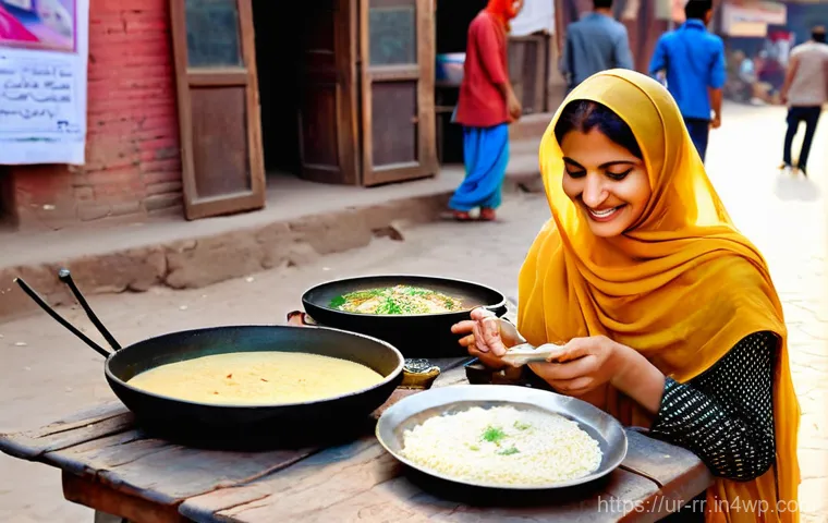 지역특산 음식과 관련된 여행 팁 - **Lahore Street Food Morning:** A vibrant and bustling morning scene on a traditional street in Laho...