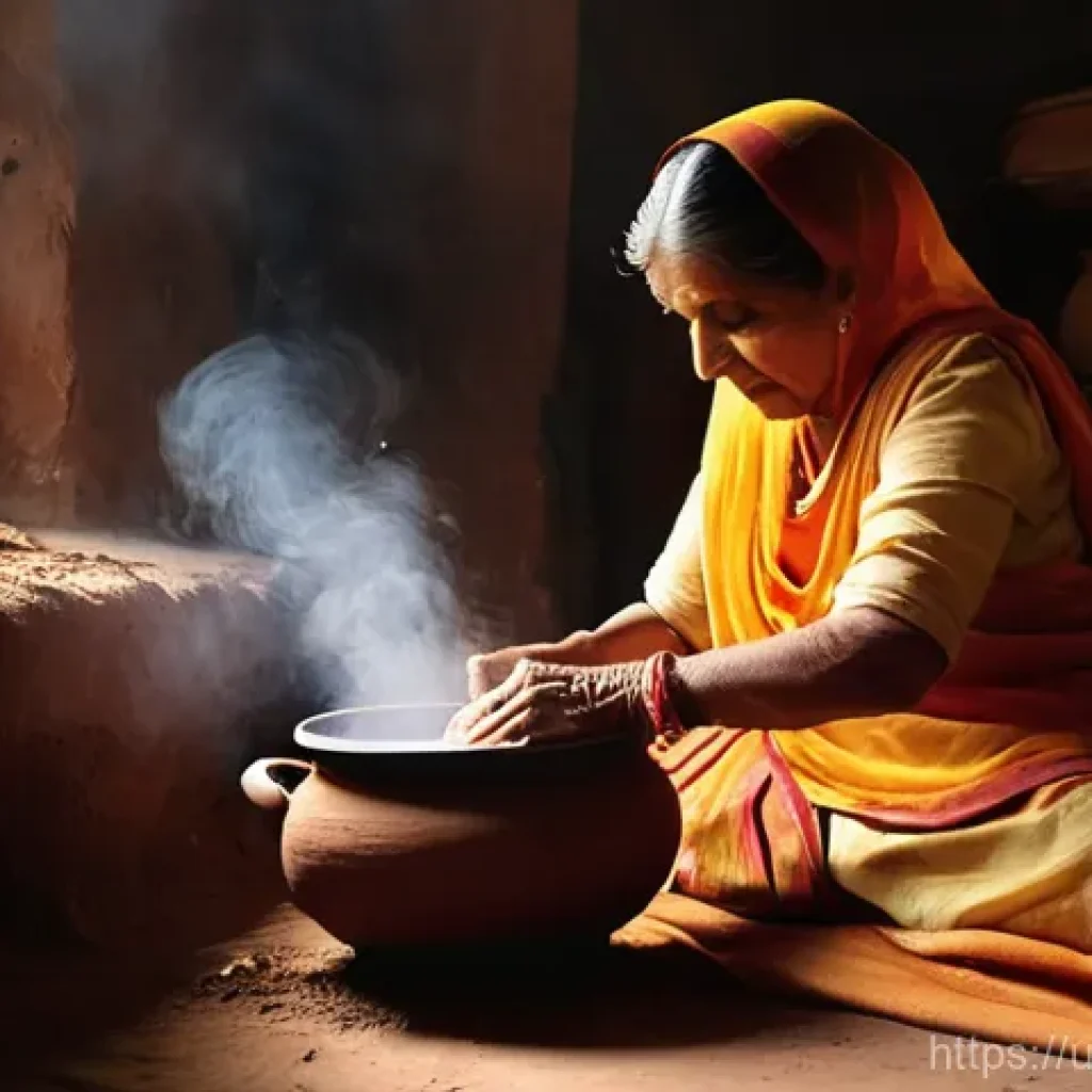 지역특산 음식의 조리 도구와 기법 - **Prompt:** A heartwarming, close-up shot of an elderly South Asian woman, perhaps a grandmother, ge...