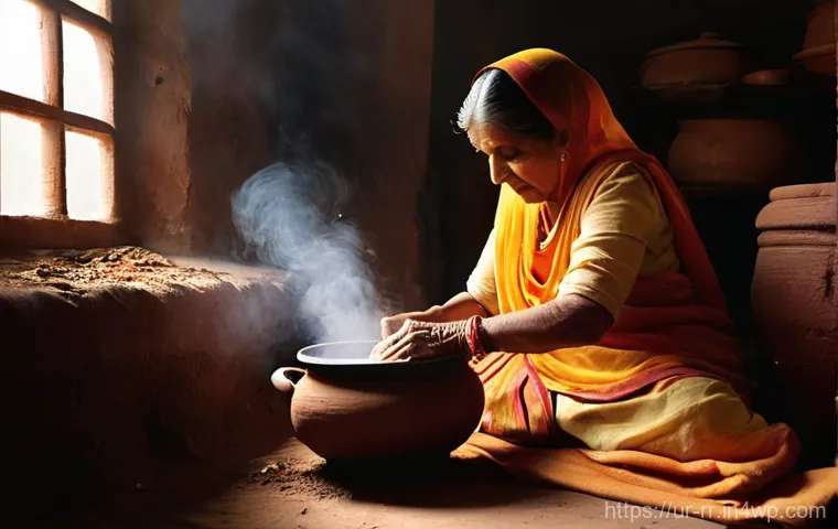 지역특산 음식의 조리 도구와 기법 - **Prompt:** A heartwarming, close-up shot of an elderly South Asian woman, perhaps a grandmother, ge...