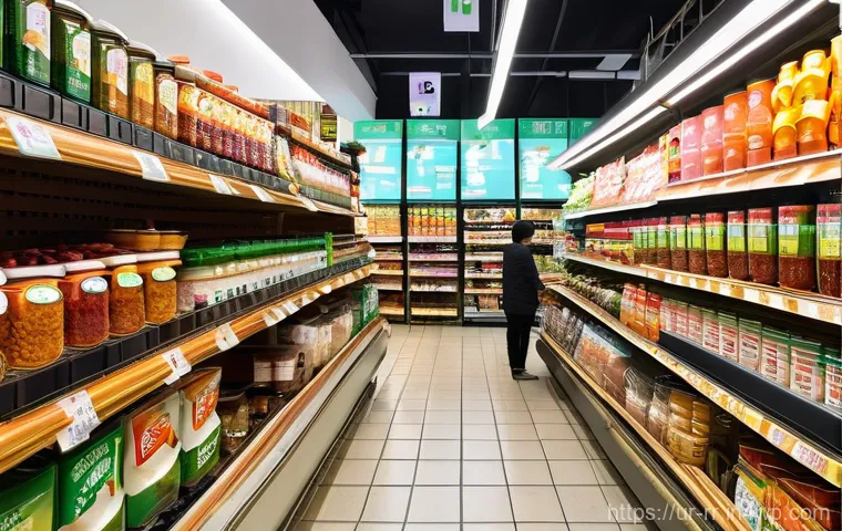 해외에서 즐기는 한국 지역특산 음식 - **Prompt:** A bustling, well-lit interior of an international Korean grocery store. Shelves are over...