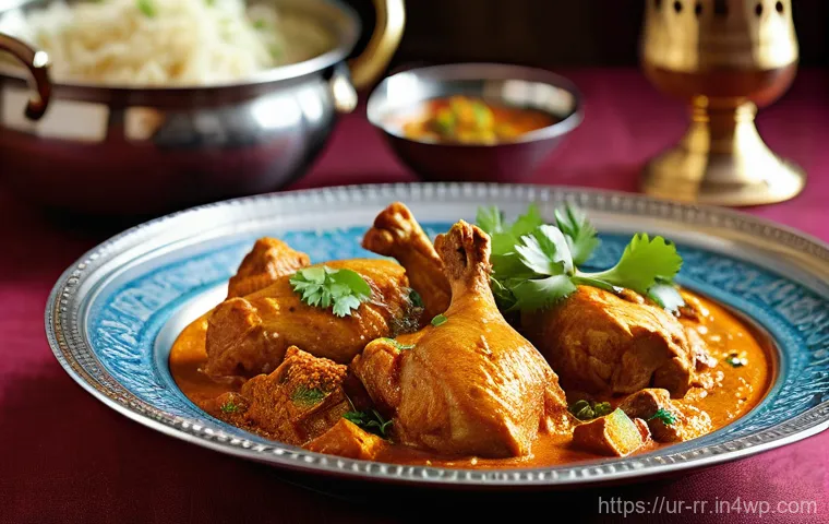전국 특산 음식을 활용한 와인 페어링 - **Prompt 1: "A beautifully composed still-life photograph featuring a steaming, rich Chicken Karahi,...