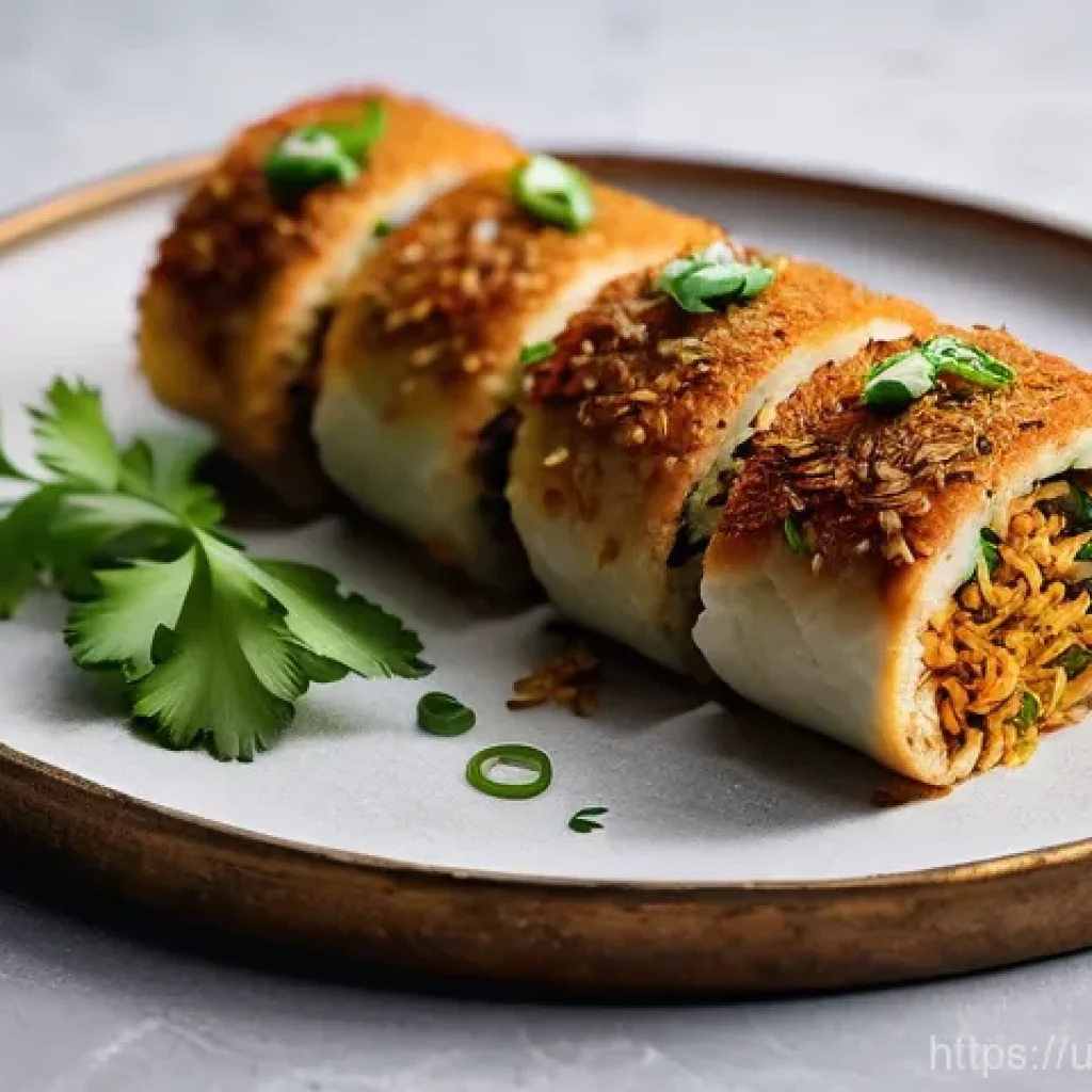 지역특산 음식의 현대적 재해석 - **Prompt:** A close-up, high-angle shot of a beautifully plated "Biryani Roll" on a rustic, artisana...