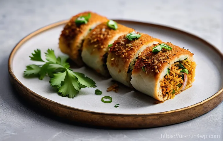 지역특산 음식의 현대적 재해석 - **Prompt:** A close-up, high-angle shot of a beautifully plated "Biryani Roll" on a rustic, artisana...