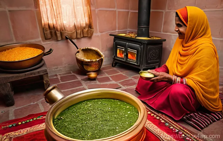 지역특산 음식의 고유한 조리법 - **Punjabi Winter Family Feast:** A heartwarming, hyperrealistic image of a cozy, rustic Punjabi home...