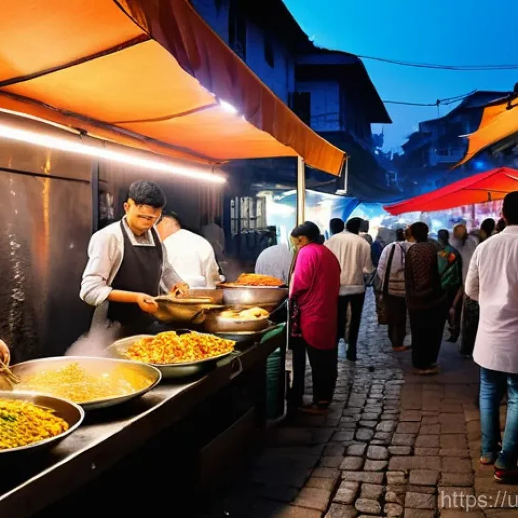 지역특산 음식의 소비 트렌드 변화 - **Prompt 1: Bustling Street Food Scene with a Digital Twist**
    "A vibrant and bustling street foo...