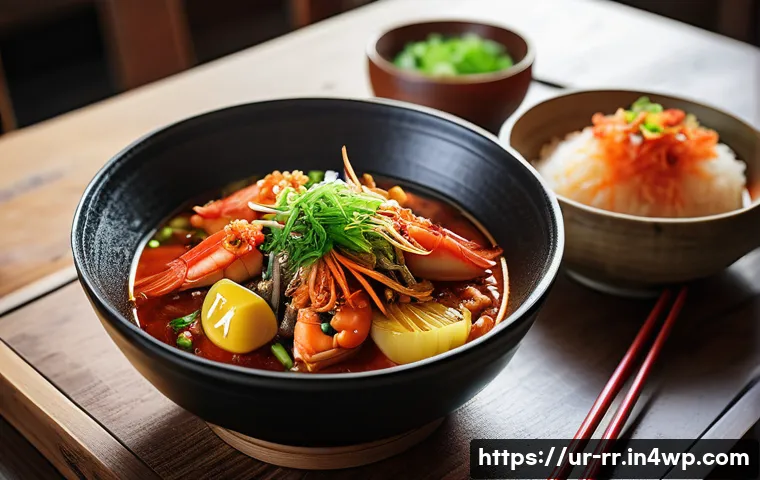외국인에게 인기 있는 한국의 지역특산 음식 - A vibrant and detailed close-up of a traditional Korean seafood dish served in a rustic Busan coasta...