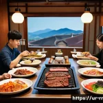 글로벌 시장에서의 한국 지역특산 음식 - A vibrant Korean barbecue scene featuring a family-friendly restaurant setting with people enjoying ...