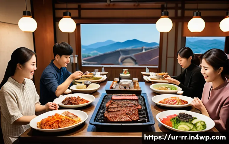 글로벌 시장에서의 한국 지역특산 음식 - A vibrant Korean barbecue scene featuring a family-friendly restaurant setting with people enjoying ...
