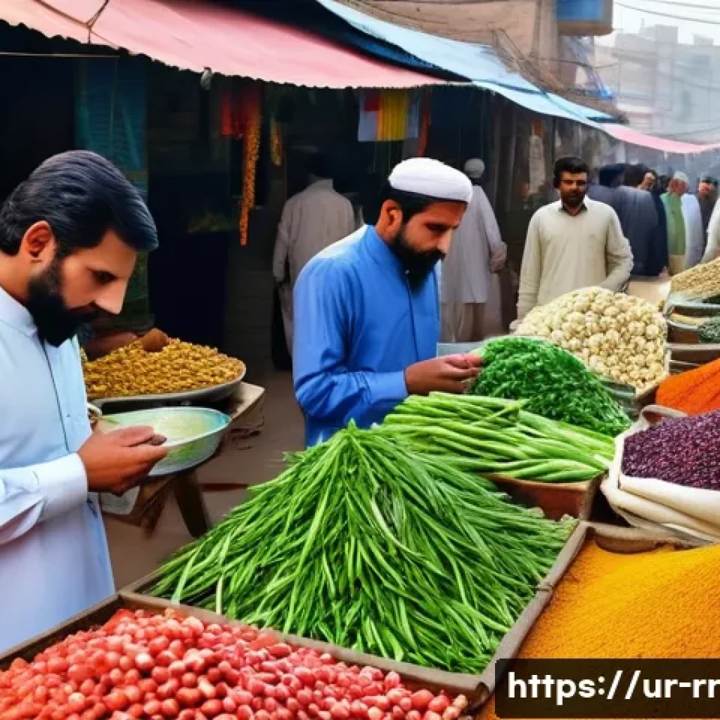 지역특산 음식의 품질 관리 기준 - A vibrant local food market scene in Pakistan, showcasing a variety of fresh traditional ingredients...