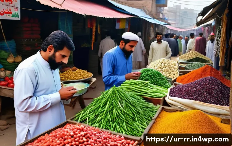 지역특산 음식의 품질 관리 기준 - A vibrant local food market scene in Pakistan, showcasing a variety of fresh traditional ingredients...