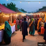 전통 방식으로 만드는 지역특산 음식을 배우기 - A vibrant street food festival scene in a Pakistani village, showcasing young women and men selling ...