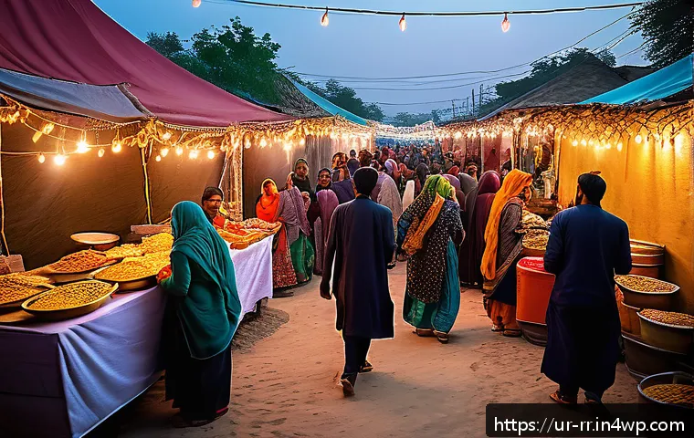 전통 방식으로 만드는 지역특산 음식을 배우기 - A vibrant street food festival scene in a Pakistani village, showcasing young women and men selling ...