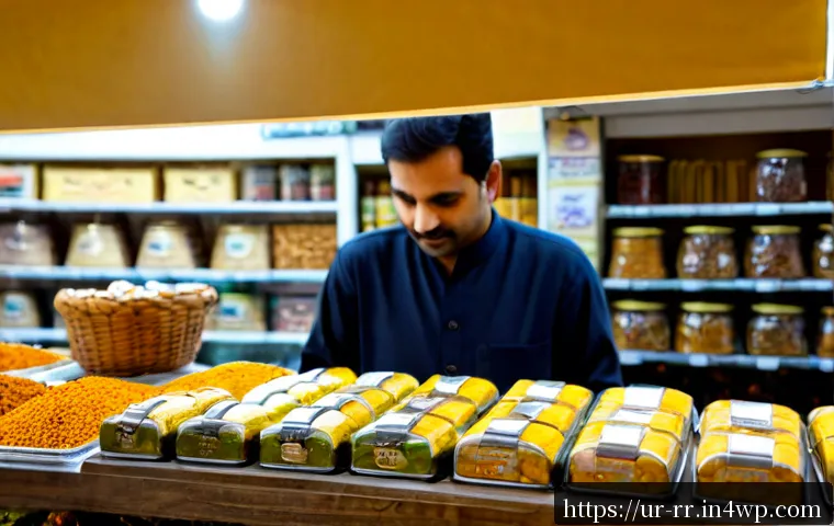Home 17 지역특산 음식을 선물용으로 구매하는 방법 - Photorealistic gift-shopping scene in a warmly lit Pakistani specialty food market, a thoughtful adu...